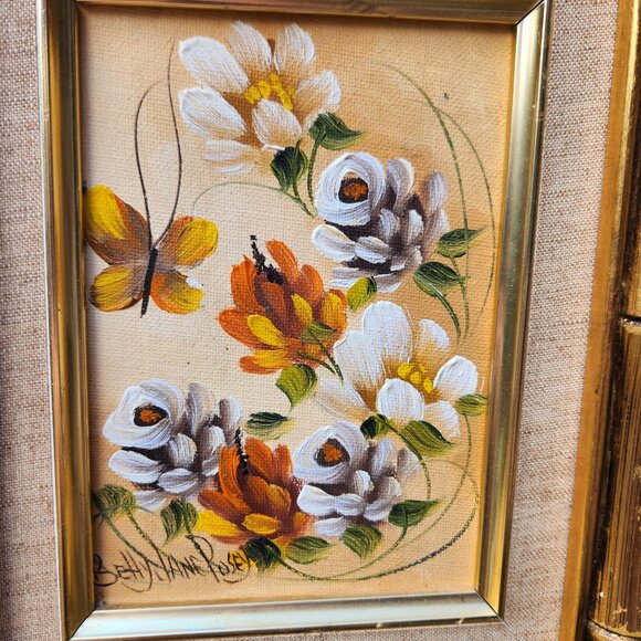 Original Signed Butterfly & Floral Oil Painting On Board In Vintage Faux Bamboo - Picture 5 of 8